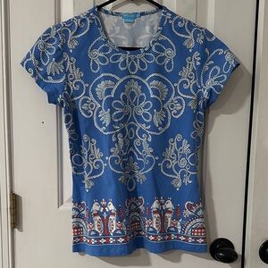 J. McLaughlin for Dillards Blue & White Patterned Catalina Cloth Top Size Small